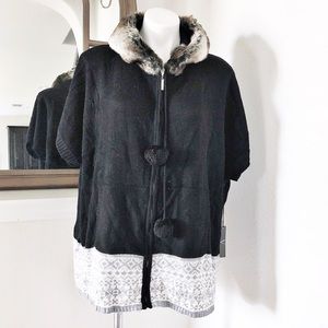 Vertigo Fur Hooded Poncho Sweater in Black Size S/M New with Tag $260.00